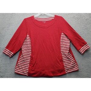 Kim Rogers Curvy Knit Top Womens Sz 1X Red Striped Pockets 3/4 Sleeve Round Neck